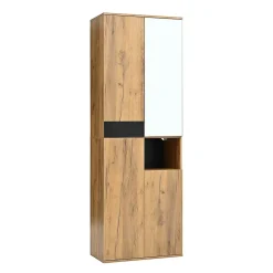 Armoire de salle de bain haute avec miroir, 65x35x190cm, noir et naturel, quatre portes et compartiment ouvert