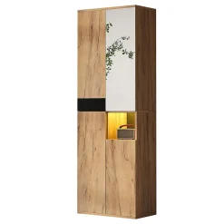 Armoire de salle de bain haute avec miroir, 65x35x190cm, noir et naturel, quatre portes et compartiment ouvert