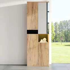 Armoire de salle de bain haute avec miroir, 65x35x190cm, noir et naturel, quatre portes et compartiment ouvert