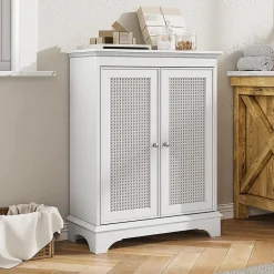 Armoire de salle de bains avec espace de rangement, blanche, porte en osier, étagère réglable