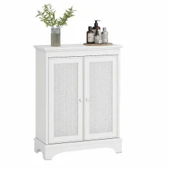 Armoire de salle de bains avec espace de rangement, blanche, porte en osier, étagère réglable