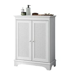 Armoire de salle de bains avec espace de rangement, blanche, porte en osier, étagère réglable