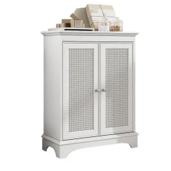 Armoire de salle de bains avec espace de rangement, blanche, porte en osier, étagère réglable