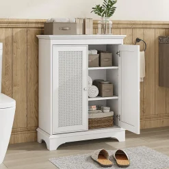 Armoire de salle de bains avec espace de rangement, blanche, porte en osier, étagère réglable