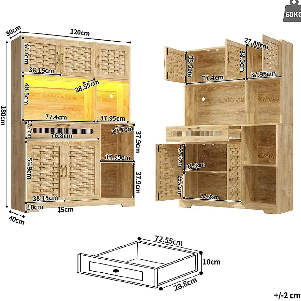 Armoire de salon, de cuisine et de salle à manger,120x40x180cm, MDF tissé, avec tiroirs, portes et éclairage LED