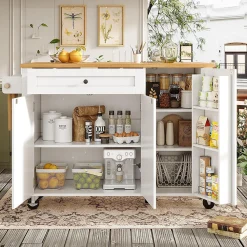 Armoire îlot cuisine 99x70x90 cm, roulettes, 1 tiroir, 3 portes, étagères réglables