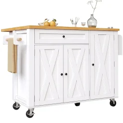 Armoire îlot cuisine 99x70x90 cm, roulettes, 1 tiroir, 3 portes, étagères réglables