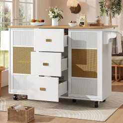 Armoire îlot indépendante 120x73x90 cm, roulettes, étagères réglables, porte-serviettes - blanc