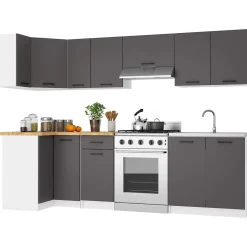 Armoires de cuisine basse AKORD S90 d'angle OLIWIA Blanc 90 cm 2 portes façade Gris Graphite 2 étagères 90x46x85 cm
