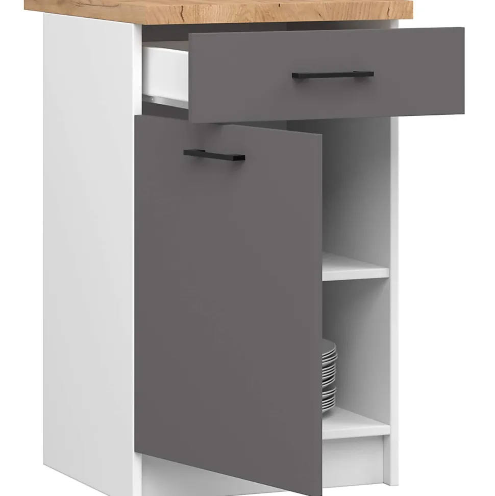 Armoires de cuisine basse AKORD S50 OLIWIA Blanc 50 cm 1 porte 1 tiroir façade Gris Graphite 2 étagères 50x46x85 cm