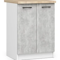 Armoires de cuisine basse AKORD S60 OLIWIA modulable Blanc 60 cm 2 portes façade Béton 2 étagères 60x46x85 cm