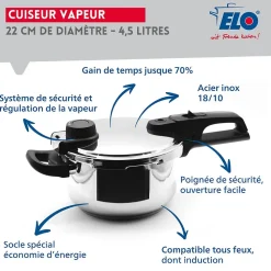 Autocuiseur vapeur en acier inoxydable 18/10 22 cm 4,5 litres Elo Mistral Premium