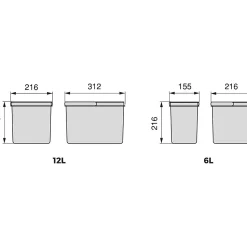 Bacs de tri pour tiroir de cuisine Recycle 1 bac de 12 litres et 2 bacs de 6 litres