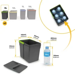 Bacs de tri pour tiroir de cuisine Recycle 1 bac de 12 litres et 2 bacs de 6 litres