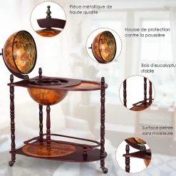 Bar Globe Rangement Vin en Bois Rack Cabinet Globe avec 3 Pieds Casier Bouteilles en Bois avec 3 roulettes Marron XL