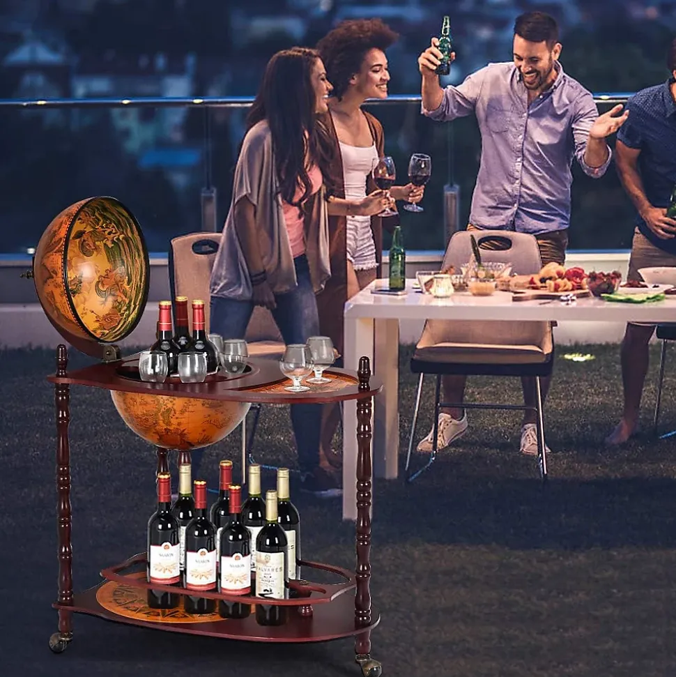Bar Globe Rangement Vin en Bois Rack Cabinet Globe avec 3 Pieds Casier Bouteilles en Bois avec 3 roulettes Marron XL