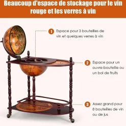 Bar Globe Rangement Vin en Bois Rack Cabinet Globe avec 3 Pieds Casier Bouteilles en Bois avec 3 roulettes Marron XL