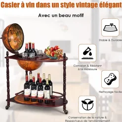 Bar Globe Rangement Vin en Bois Rack Cabinet Globe avec 3 Pieds Casier Bouteilles en Bois avec 3 roulettes Marron XL