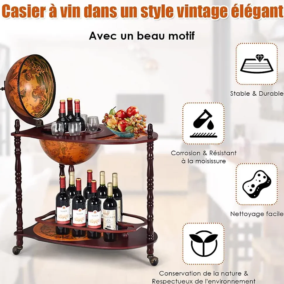 Bar Globe Rangement Vin en Bois Rack Cabinet Globe avec 3 Pieds Casier Bouteilles en Bois avec 3 roulettes Marron XL