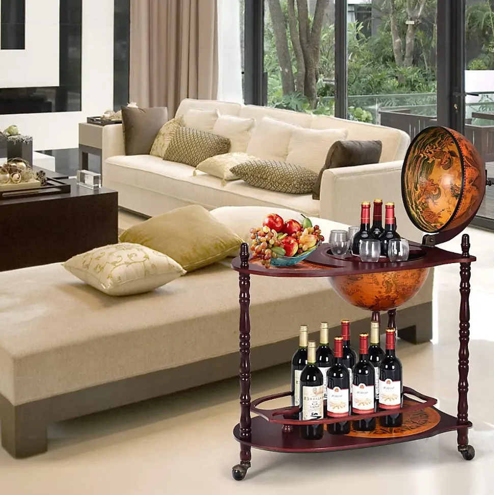 Bar Globe Rangement Vin en Bois Rack Cabinet Globe avec 3 Pieds Casier Bouteilles en Bois avec 3 roulettes Marron XL