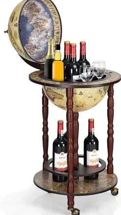 Bar Globe Terrestre Mappemonde en Bois Eucalyptus Support de Vin sous Forme de Globe Bois Monte sur Roues Style Ancient