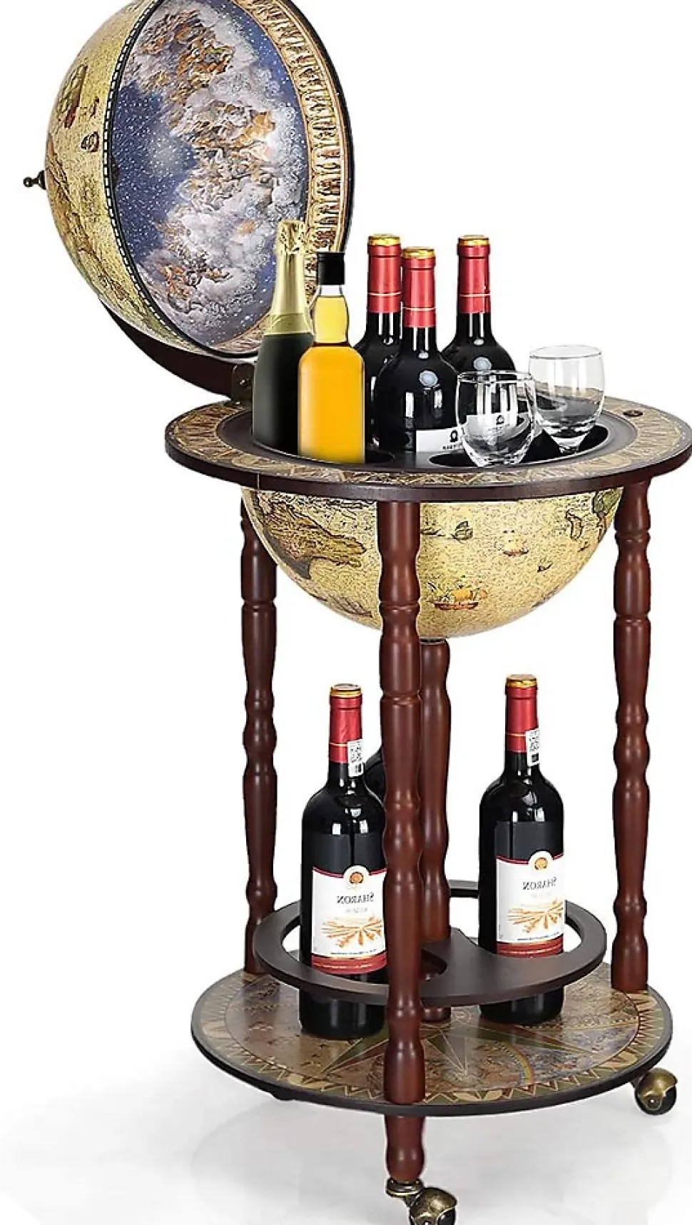 Bar Globe Terrestre Mappemonde en Bois Eucalyptus Support de Vin sous Forme de Globe Bois Monte sur Roues Style Ancient