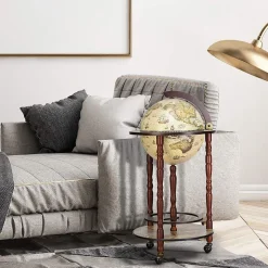 Bar Globe Terrestre Mappemonde en Bois Eucalyptus Support de Vin sous Forme de Globe Bois Monte sur Roues Style Ancient