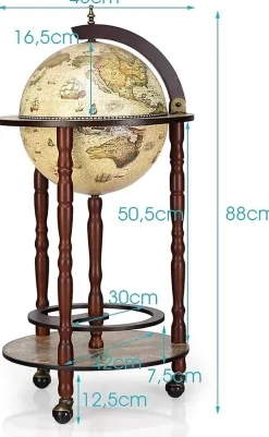 Bar Globe Terrestre Mappemonde en Bois Eucalyptus Support de Vin sous Forme de Globe Bois Monte sur Roues Style Ancient