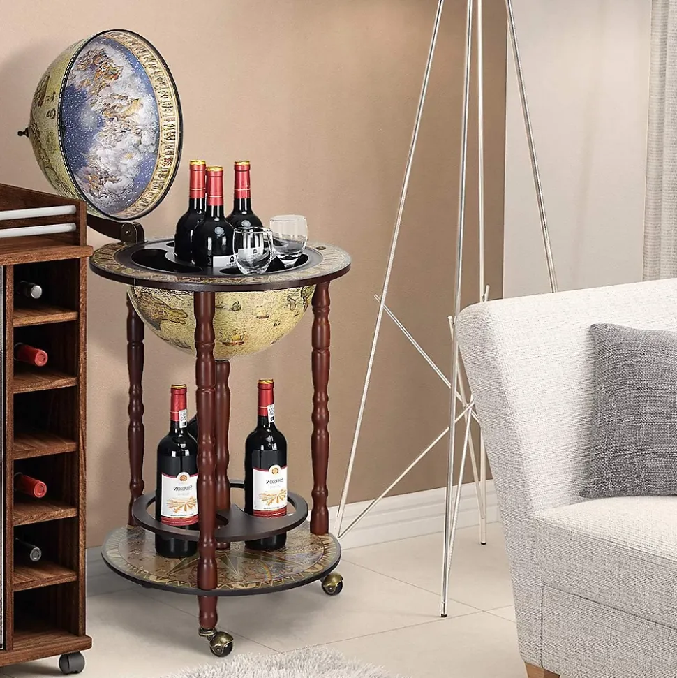 Bar Globe Terrestre Mappemonde en Bois Eucalyptus Support de Vin sous Forme de Globe Bois Monte sur Roues Style Ancient