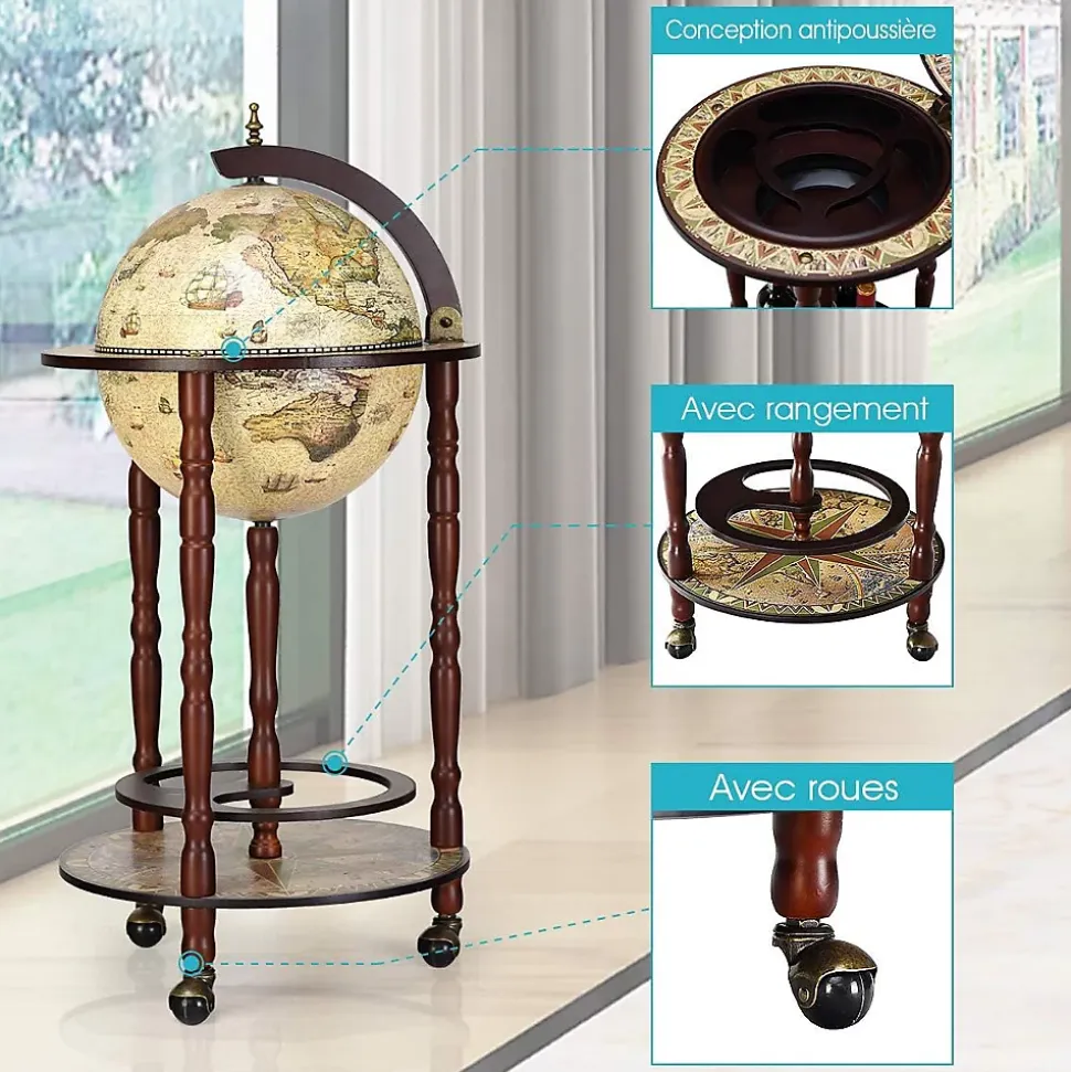 Bar Globe Terrestre Mappemonde en Bois Eucalyptus Support de Vin sous Forme de Globe Bois Monte sur Roues Style Ancient