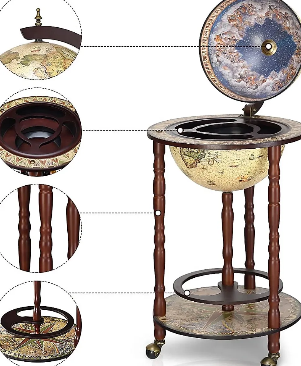 Bar Globe Terrestre Mappemonde en Bois Eucalyptus Support de Vin sous Forme de Globe Bois Monte sur Roues Style Ancient
