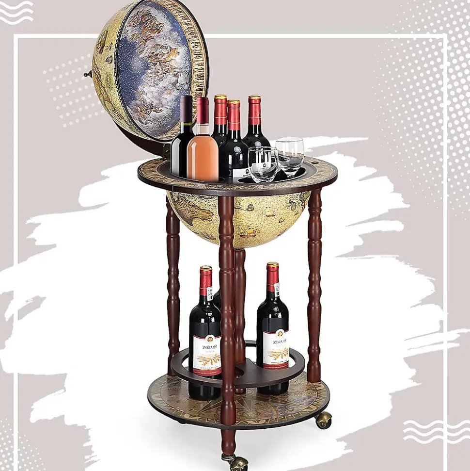 Bar Globe Terrestre Mappemonde en Bois Eucalyptus Support de Vin sous Forme de Globe Bois Monte sur Roues Style Ancient