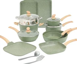 Batterie de cuisine à induction 17 pièces avec couvercles en verre et revêtement en granit