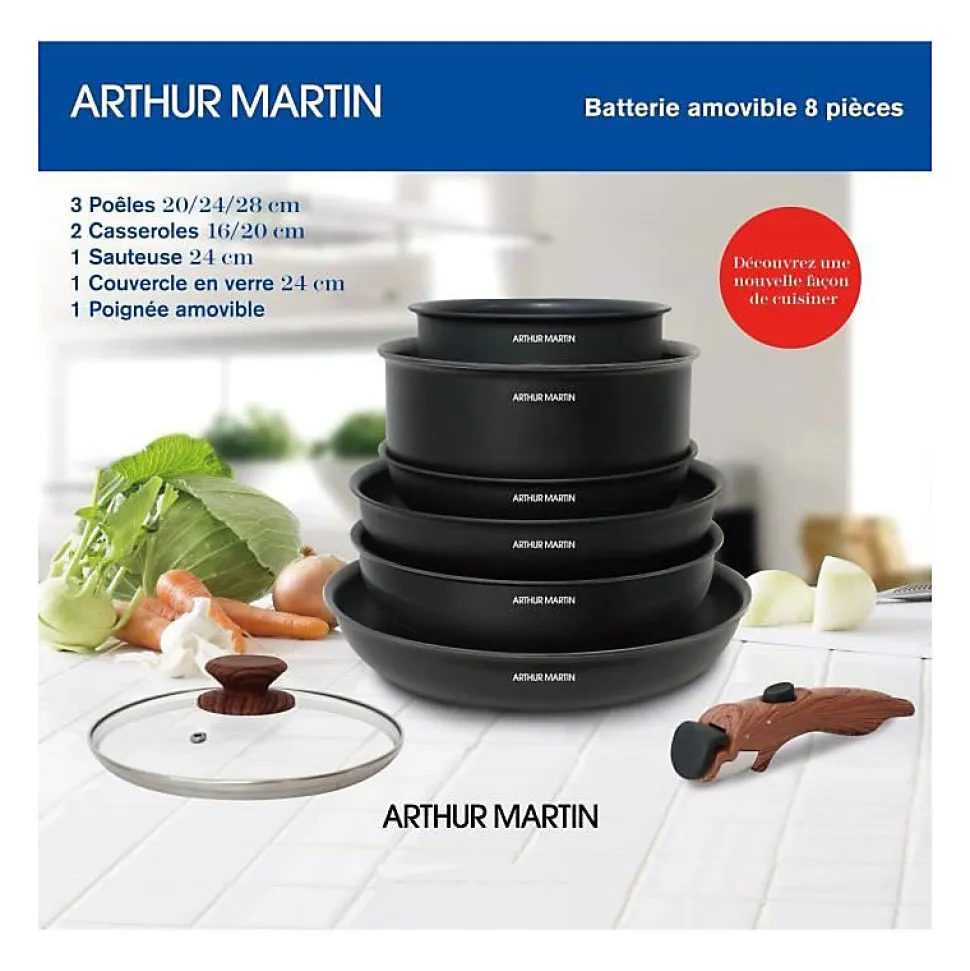 Batterie de cuisine 8 pieces ARTHUR MARTIN - Aluminium - Poignée Bois - Tous feux dont induction
