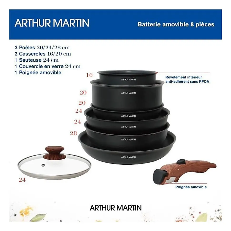 Batterie de cuisine 8 pieces ARTHUR MARTIN - Aluminium - Poignée Bois - Tous feux dont induction