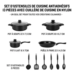 Batterie de cuisine 13 pieces avec cuilliere Noir Herzberg HG04241
