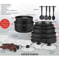 Batterie de cuisine - Tous feux dont induction - Arthur Martin - AM0530 - Aluminium - Anti-adhésif - 20 pieces - Poignée amovi