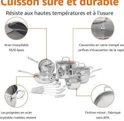 Batterie de cuisine ensemble de 15 pièces en acier inoxydable Casseroles, poêles et ustensiles, Argenté