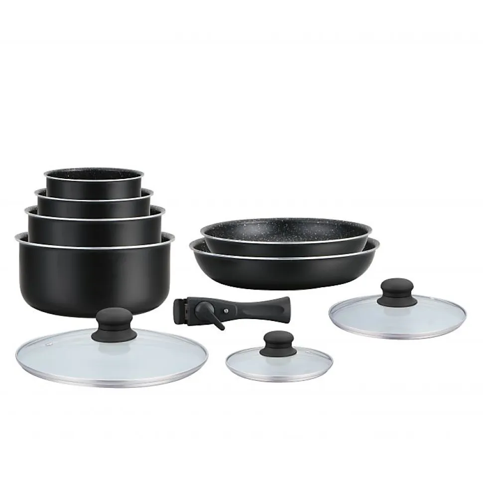 Batterie de cuisine revêtement pierre avec manche amovible 10 pieces noir Hagen HA04630-BLK
