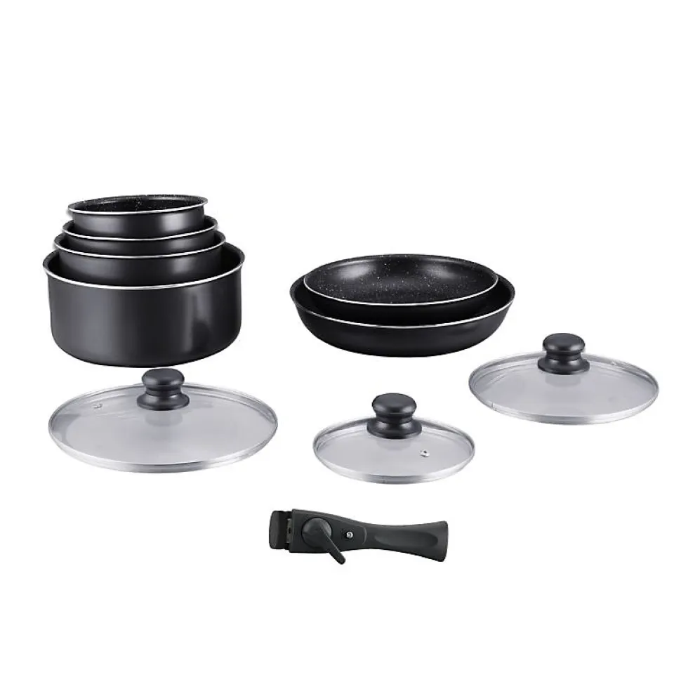 Batterie de cuisine revêtement pierre avec manche amovible 10 pieces noir Hagen HA04630-BLK