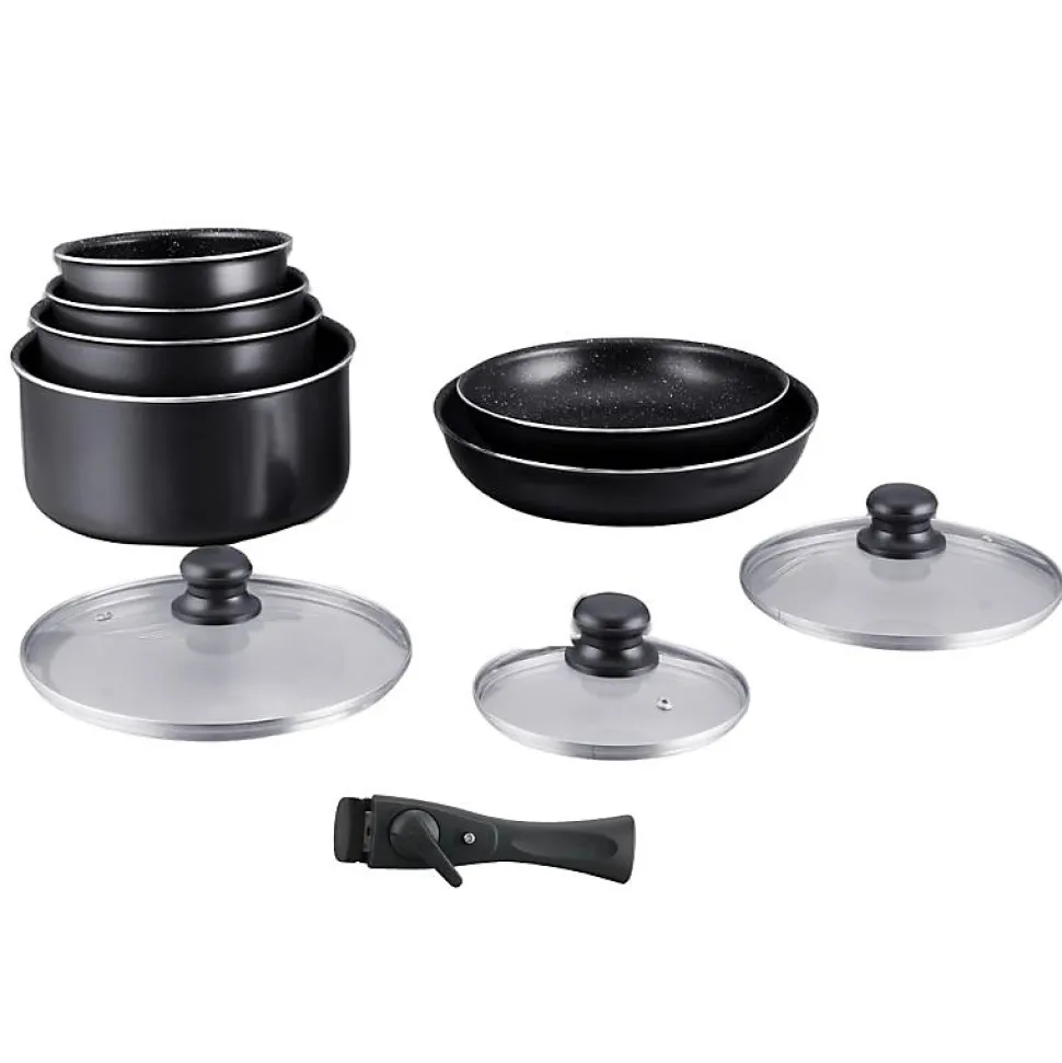 Batterie de cuisine revêtement pierre avec manche amovible 10 pieces noir Hagen HA04630-BLK