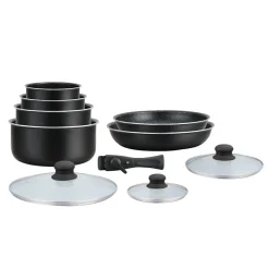 Batterie de cuisine revêtement pierre avec manche amovible 10 pieces noir Hagen HA04630-BLK