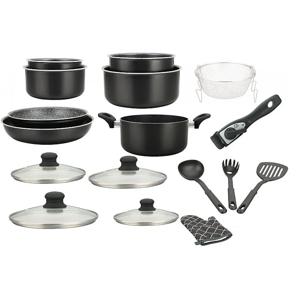 Batterie de cuisine revêtement pierre avec manche amovible 17 pièces noir Herzberg HG8055-BLK