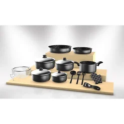 Batterie de cuisine revêtement pierre avec manche amovible 17 pièces noir Herzberg HG8055-BLK