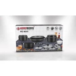 Batterie de cuisine revêtement pierre avec manche amovible 17 pièces noir Herzberg HG8055-BLK