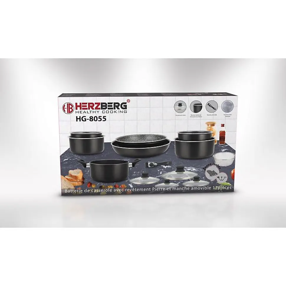 Batterie de cuisine revêtement pierre avec manche amovible 17 pièces noir Herzberg HG8055-BLK