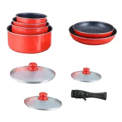 Batterie de cuisine revêtement pierre avec manche amovible 10 pieces rouge Hagen HA04623-RED