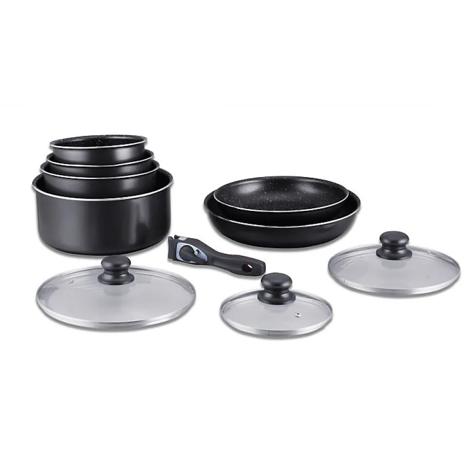 Batterie de cuisine revêtement pierre avec manche amovible 10 pieces noir Herzberg HG5000-BK