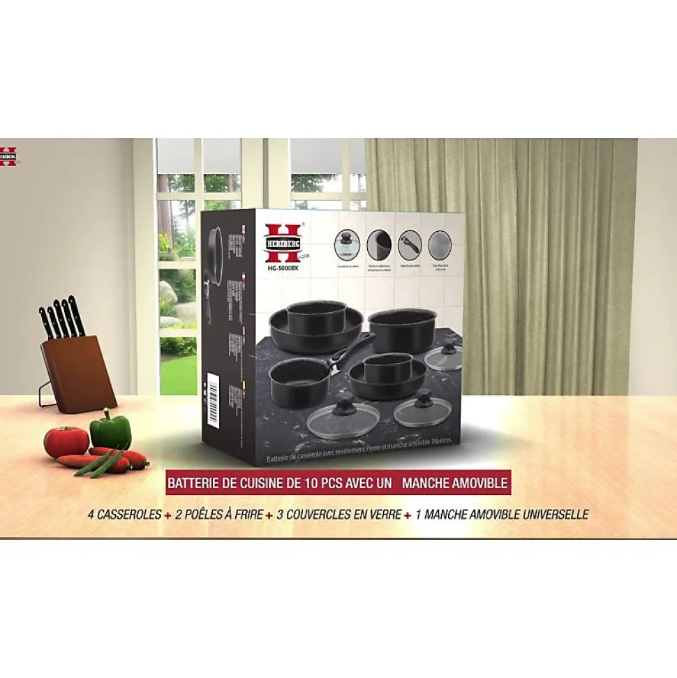 Batterie de cuisine revêtement pierre avec manche amovible 10 pieces noir Herzberg HG5000-BK