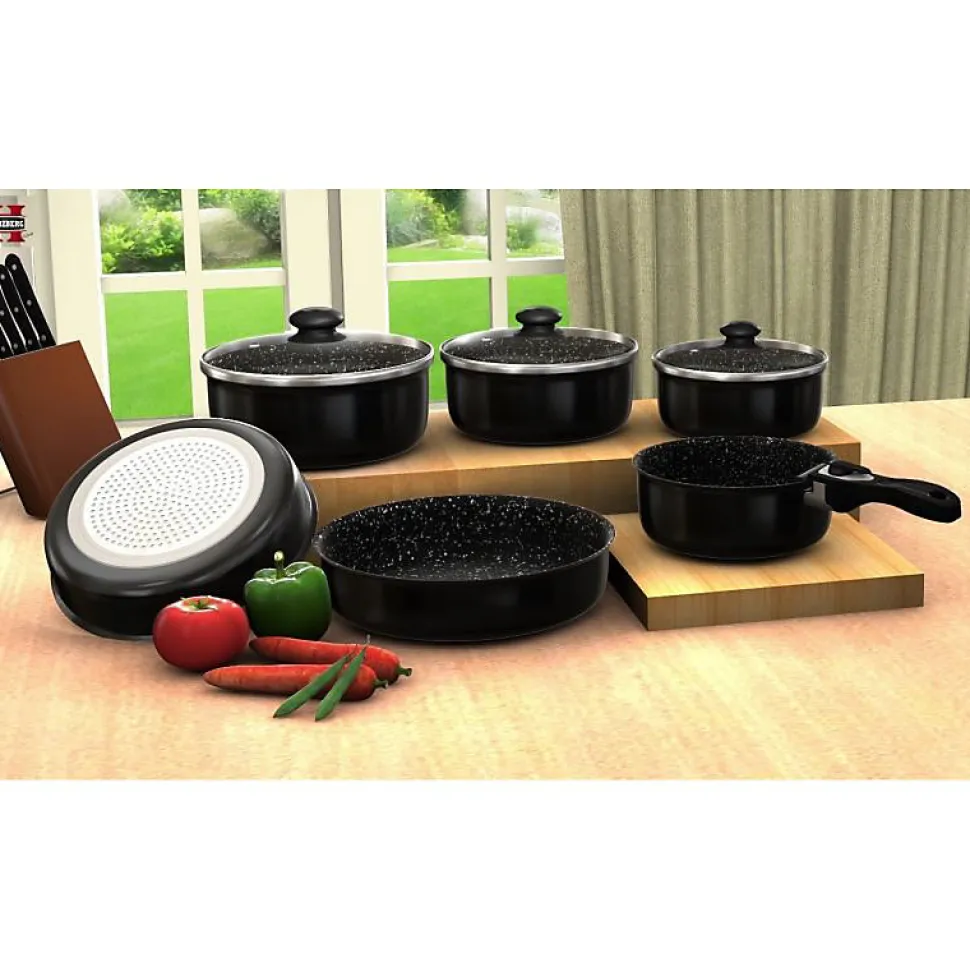 Batterie de cuisine revêtement pierre avec manche amovible 10 pieces noir Herzberg HG5000-BK